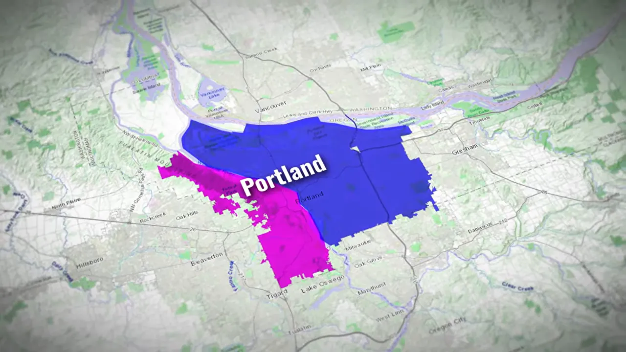 Map of Portland with west and east areas shown in different colors