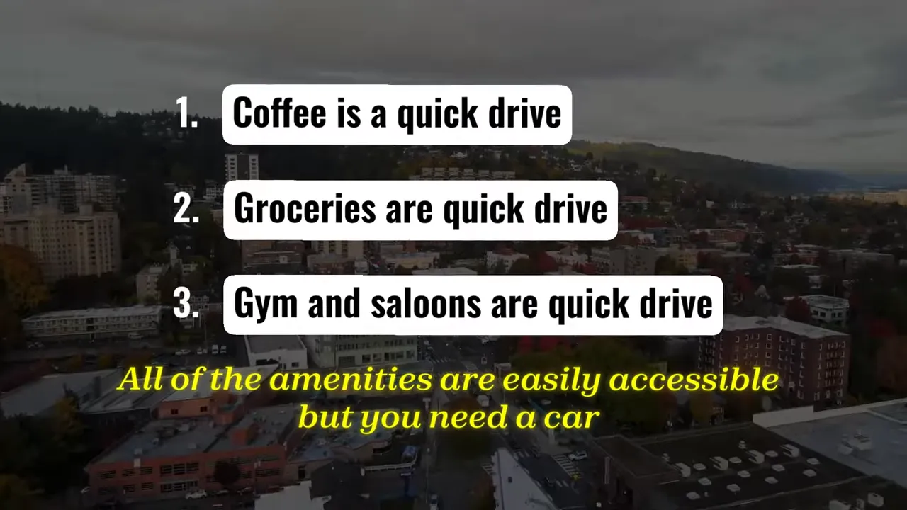 Slide stating coffee groceries gyms and salons are quick drives on the west side