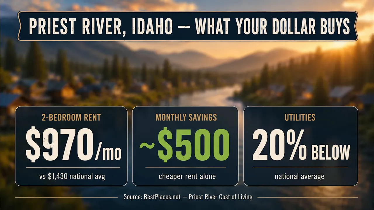 Cost graphic showing two bedroom rent of 970 dollars per month and utilities 20 percent below national average