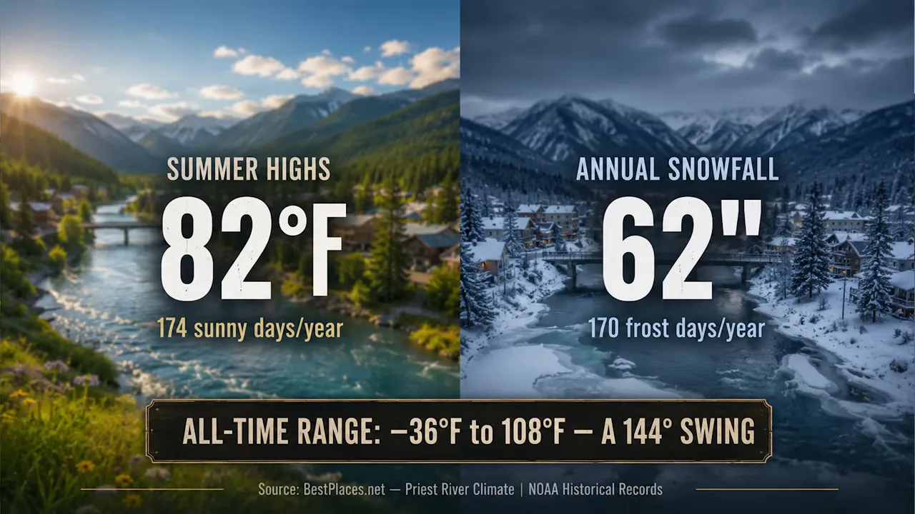 Weather graphic showing summer highs of 82 degrees and annual snowfall of 62 inches