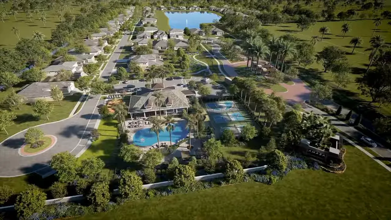 Aerial view of Amara community amenities and lake setting in West Lake Worth Florida