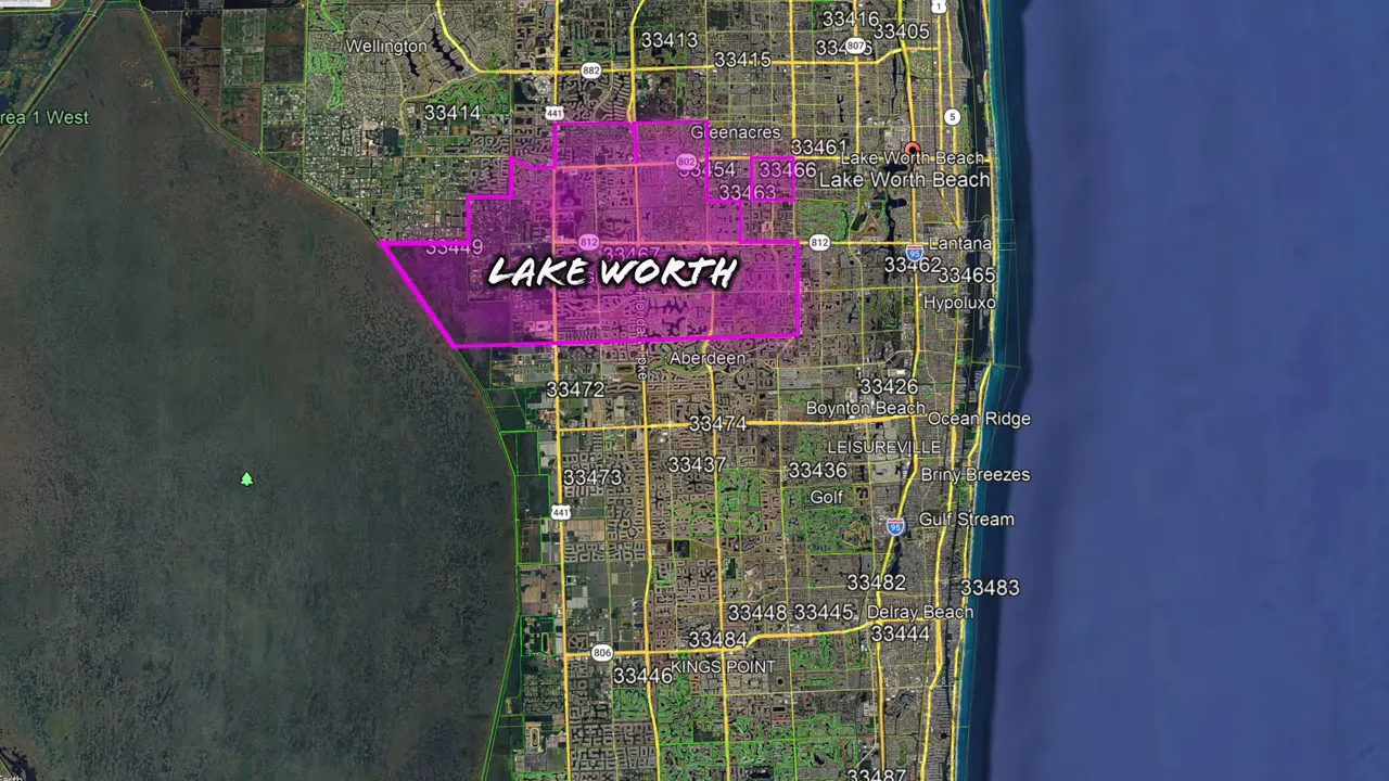 Map highlighting West Lake Worth area in Palm Beach County near Wellington, Boynton Beach, and Delray Beach