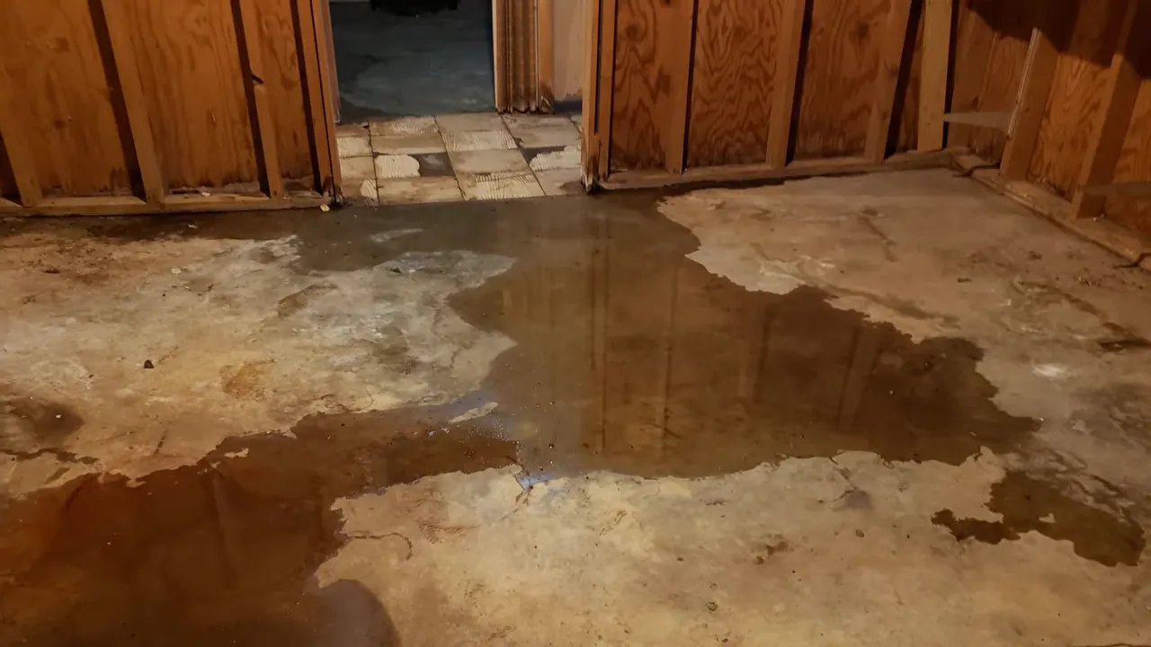 Basement floor with visible wet stains indicating drainage or water intrusion