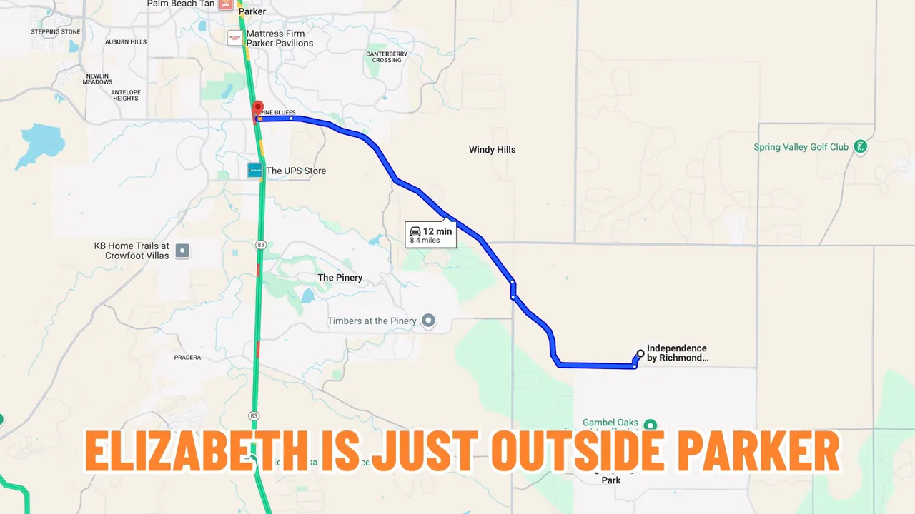Map showing Elizabeth Colorado just outside Parker with route toward Independence subdivision by Richmond