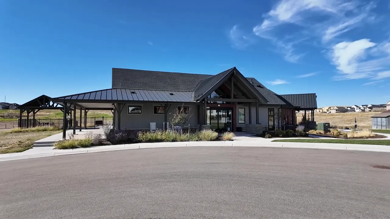 Exterior view of amenity clubhouse building in Independence subdivision in Elizabeth Colorado