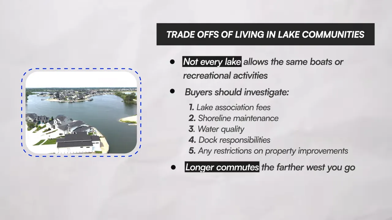 Slide listing lake community trade offs including association fees shoreline maintenance dock responsibilities and longer commutes