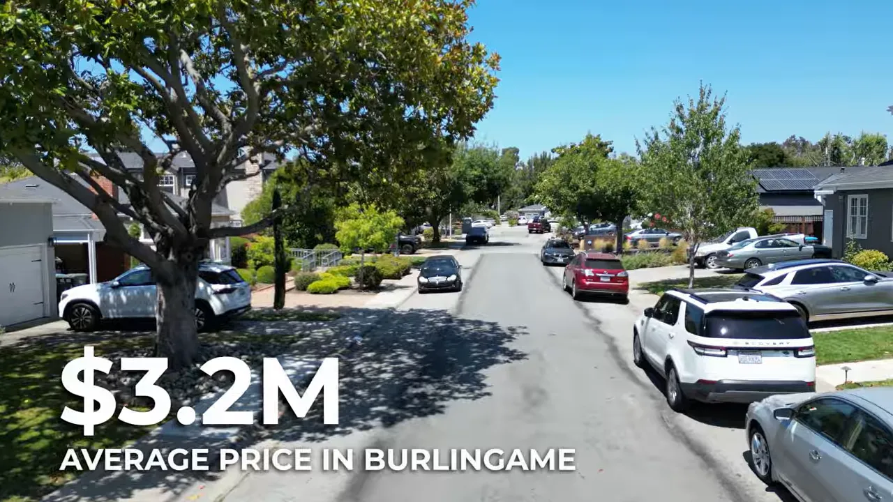 Burlingame residential street with on screen text showing 3 point 2 million average price in Burlingame