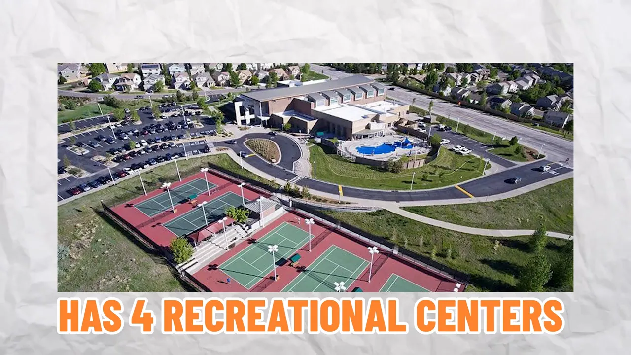 Aerial view showing Highlands Ranch rec centers and outdoor sports courts