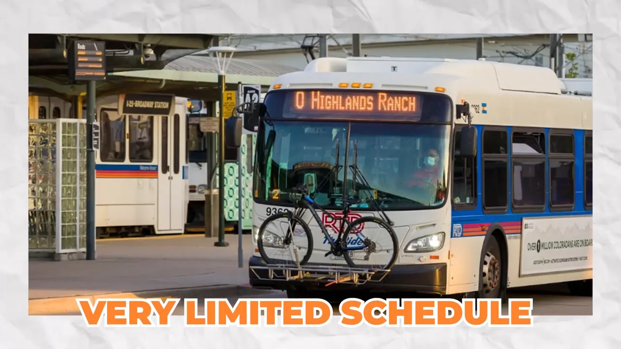 RTD bus at Highlands Ranch stop with limited transit schedule messaging