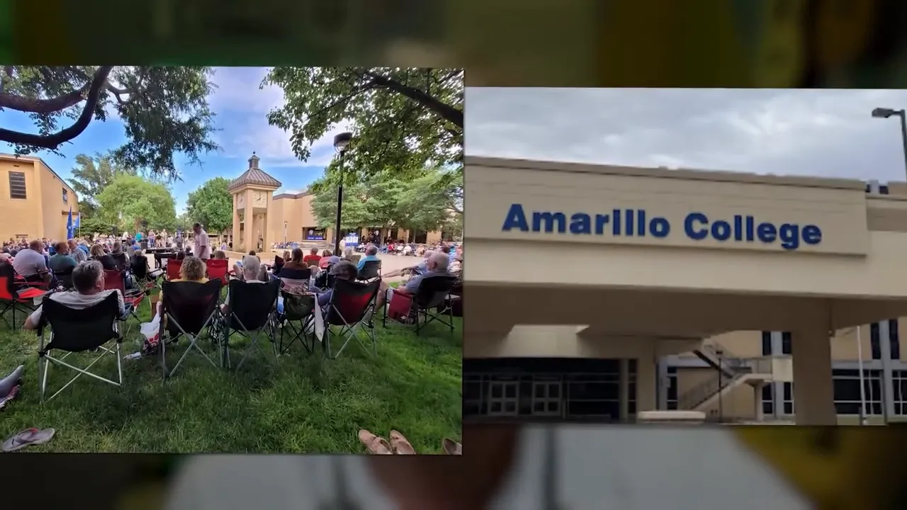 Split-screen view showing an outdoor campus crowd on the left and a building sign reading 'Amarillo College' on the right.