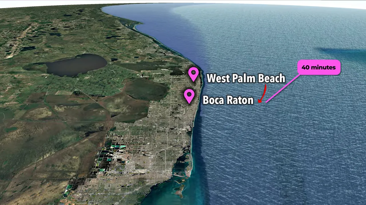 Map view showing West Palm Beach and distance to Boca Raton
