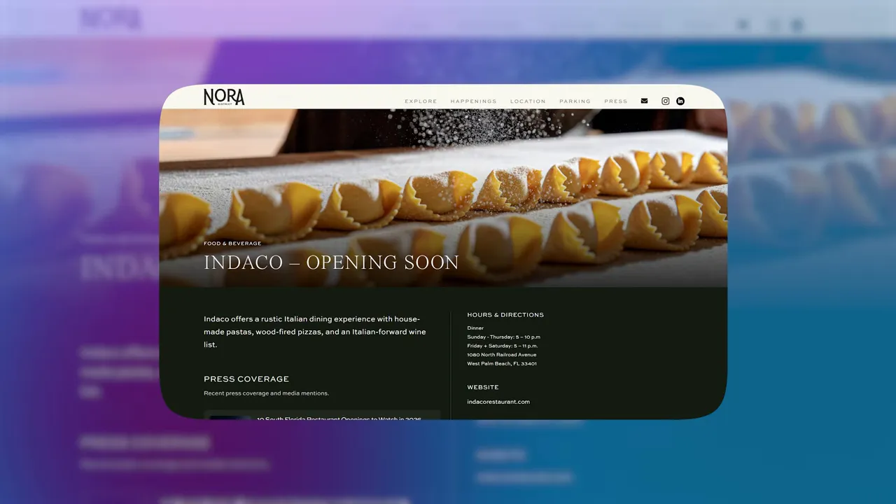 NORA District website announcement for Indaco opening soon
