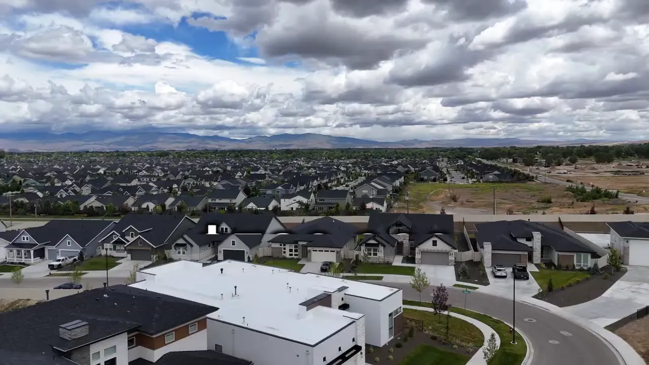 Aerial view over Meridian Idaho residential neighborhood landscape