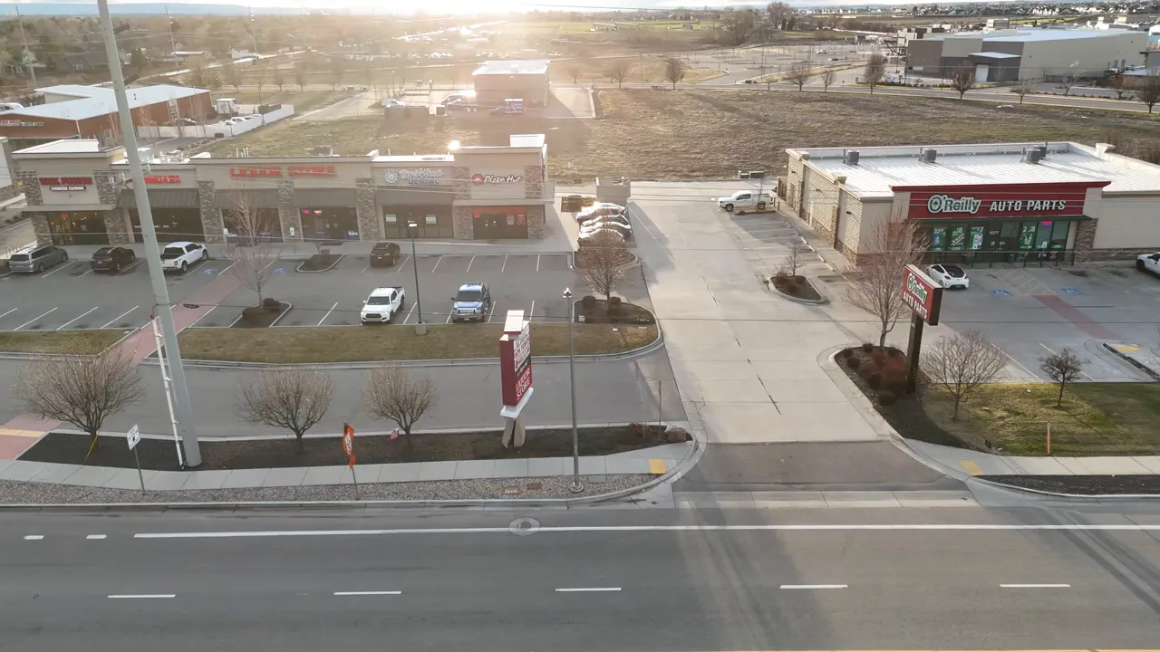 Aerial view of Meridian Idaho commercial area with O'Reilly Auto Parts and adjoining businesses