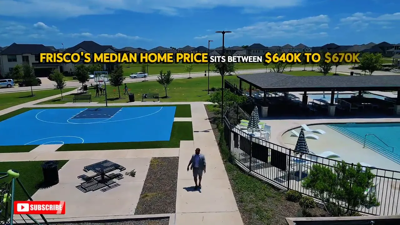 Community pool and court aerial with on screen text showing Frisco median home price range