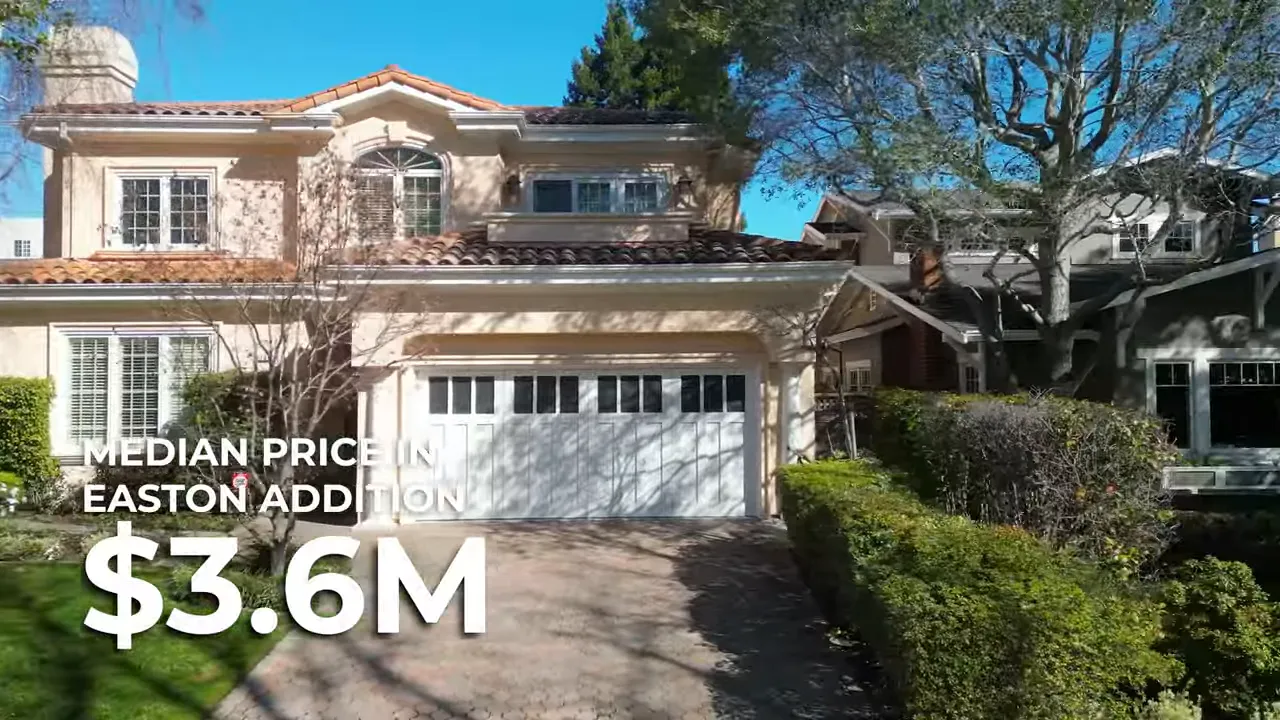 Front of a Burlingame house with on-screen text showing median price in Easton Addition $3.6M