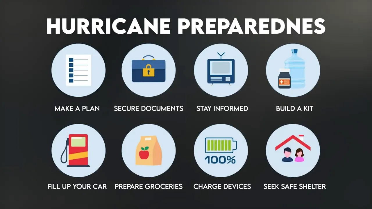 Slide titled Hurricane Preparedness with icons for plan documents information kit fuel food batteries and safe shelter