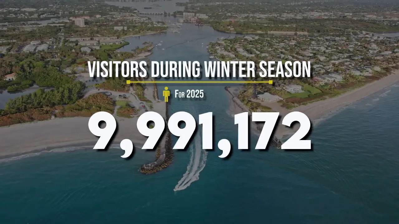 Aerial inlet view with text showing visitors during winter season for 2023 and the number 10000000