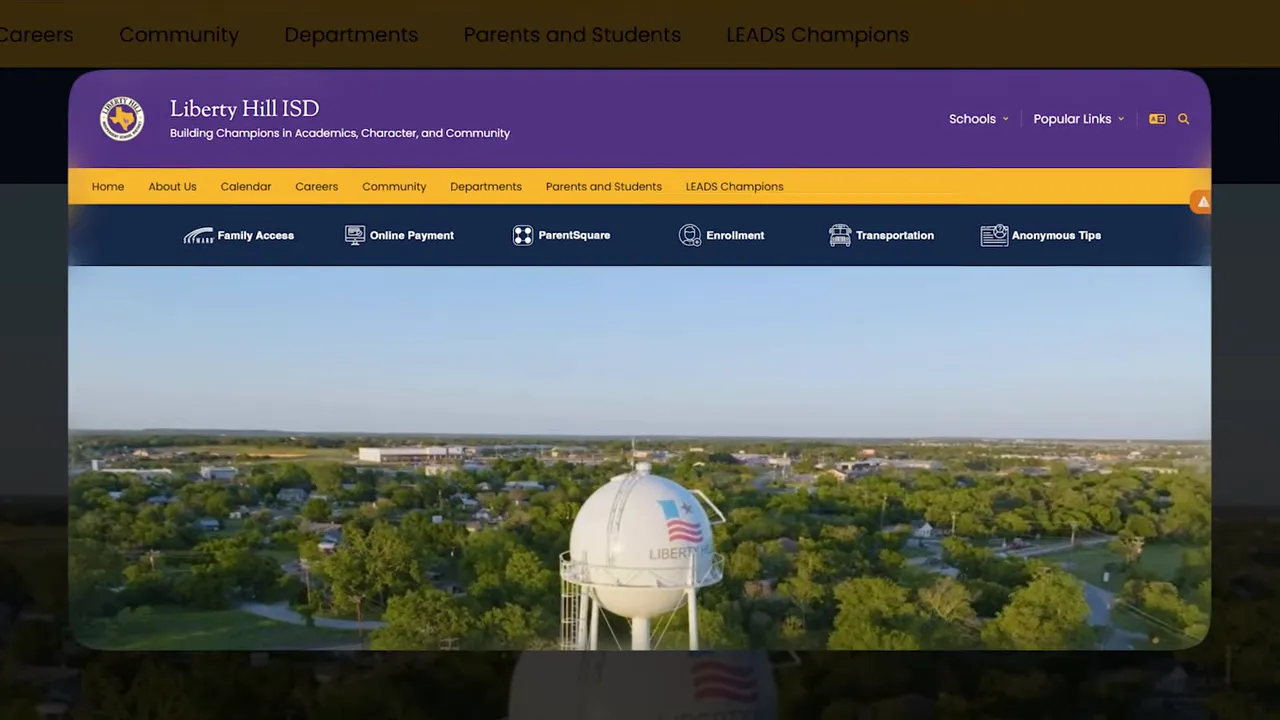 Liberty Hill ISD website homepage with water tower image