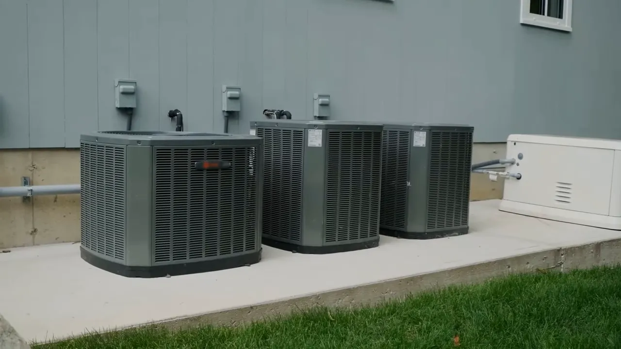 Two outdoor air conditioning condenser units beside a home