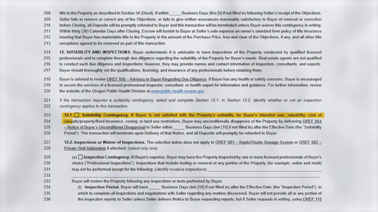 Oregon home sale agreement page highlighting insurance suitability language