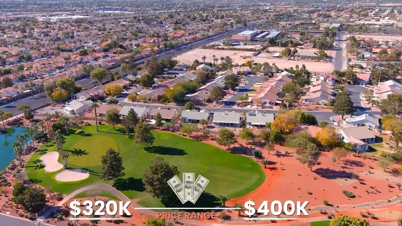 Aerial view of Los Prados golf course with price range text from 320k to 400k