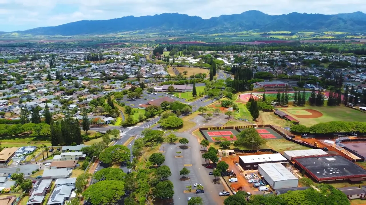 Aerial view of Mililani showing parks, tennis courts, schools and neighborhood layout