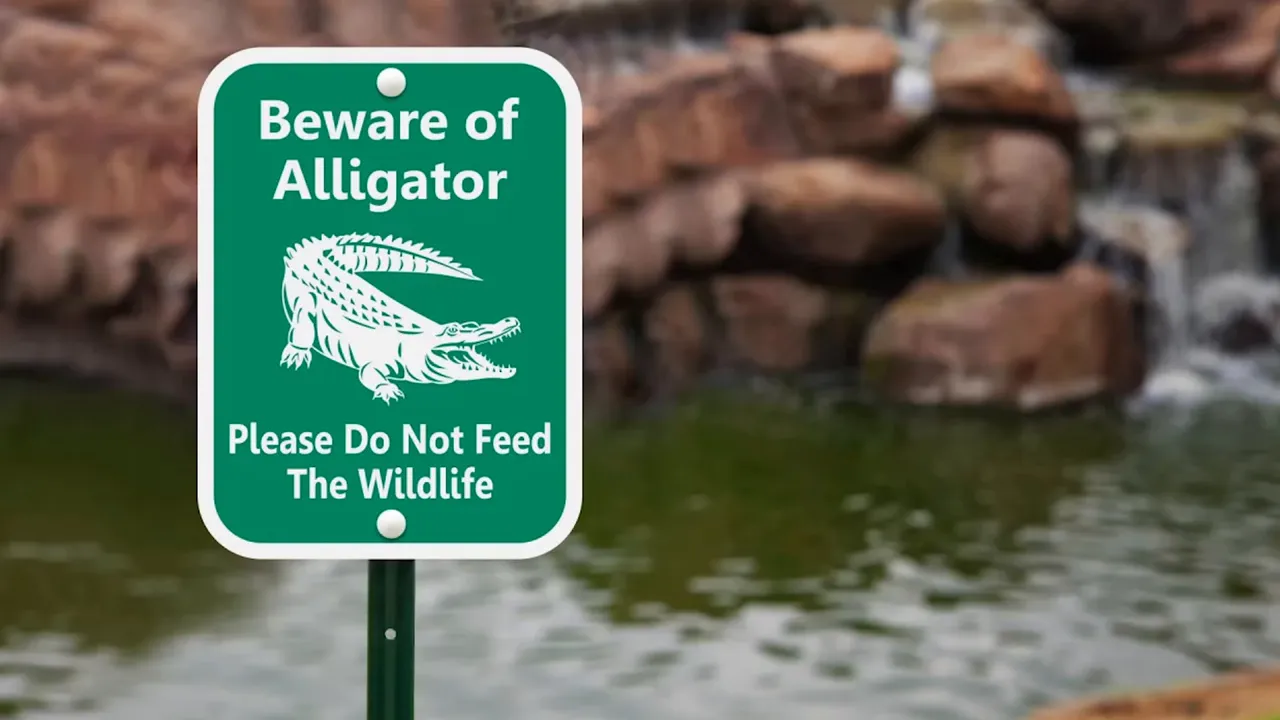 lake with posted beware of alligator signs