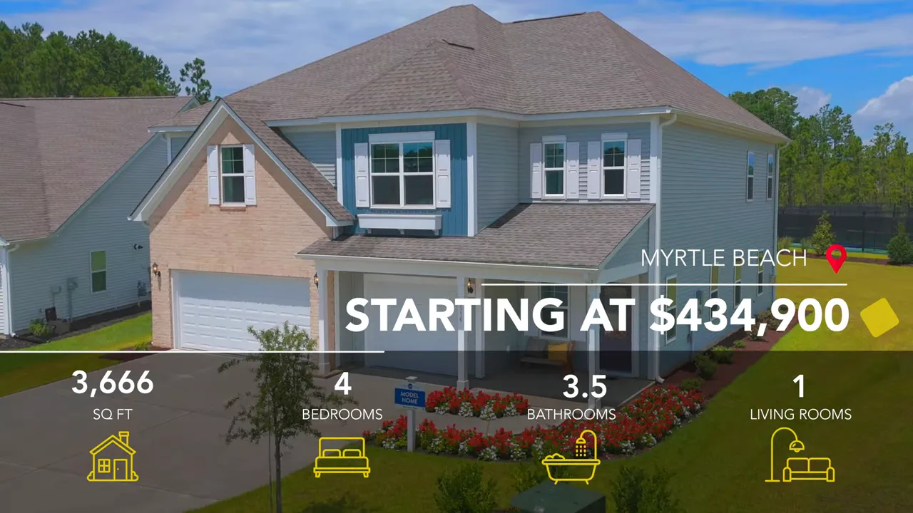 Exterior of two story home with starting price and floor plan details on screen