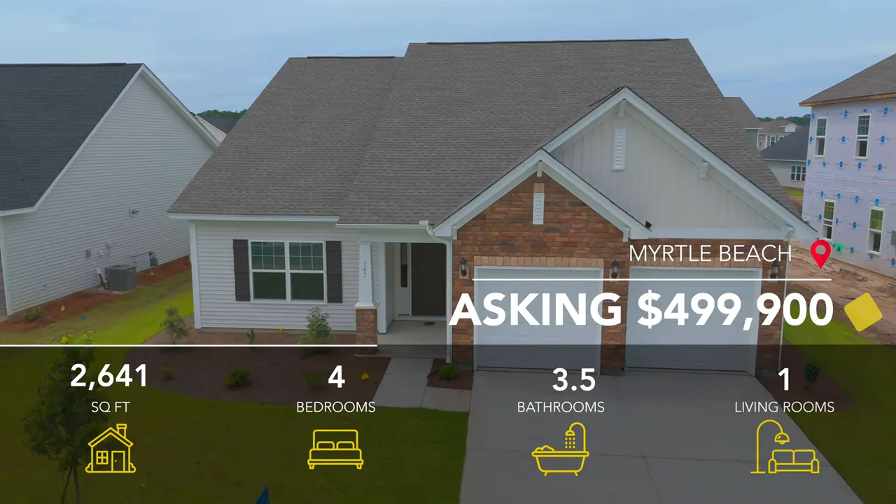 Exterior of single story home with asking price and floor plan details on screen