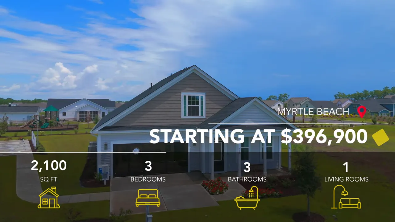 Exterior of single family home with starting price and floor plan details on screen
