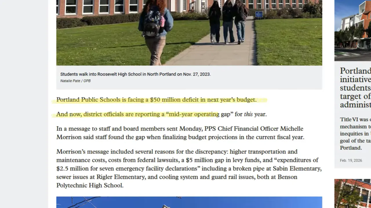 News article about Portland Public Schools budget shortfall and operating gap