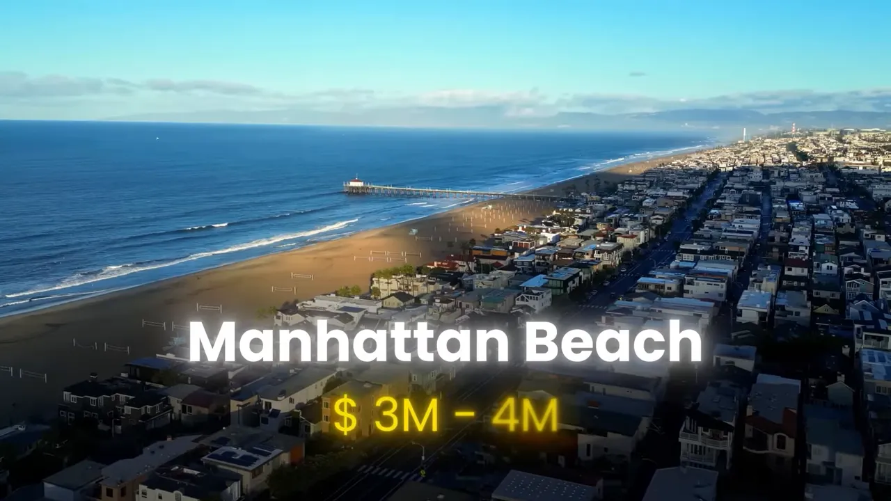 Aerial of Manhattan Beach with on screen text showing three to four million dollar price range