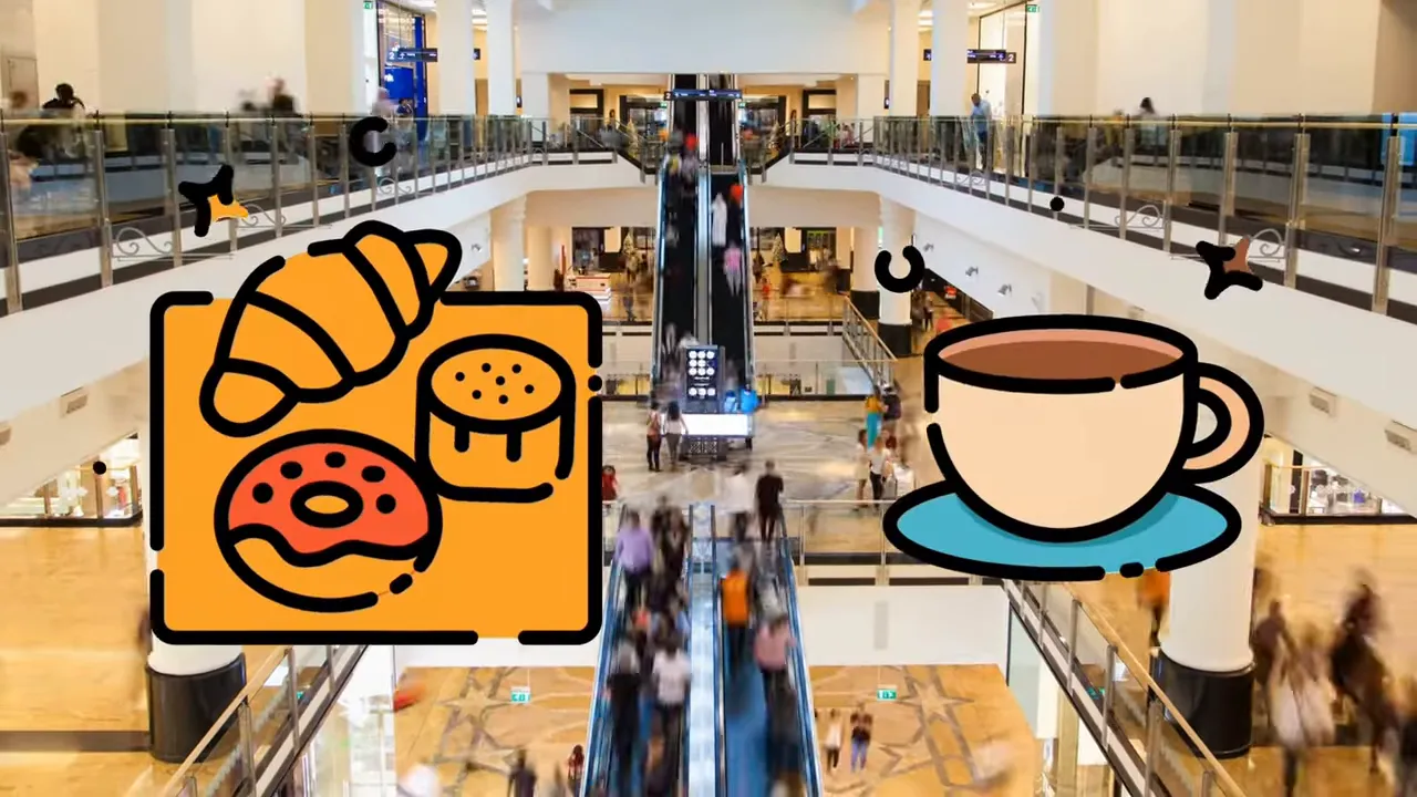 Shopping mall interior with illustrated food and coffee icons