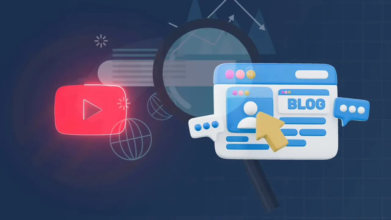 Illustration showing a video icon, SEO, and a blog webpage