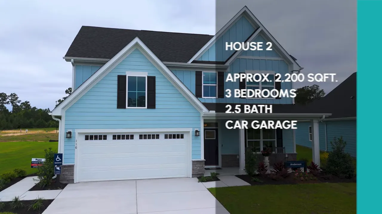 front elevation of white two story home with text overlay and driveway