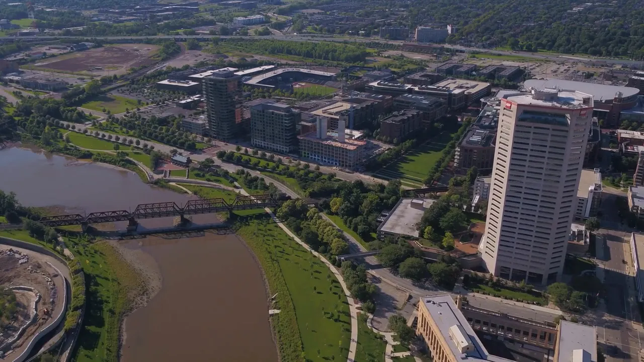 Aerial view of Dublin Ohio showing the skyline and surrounding neighborhoods