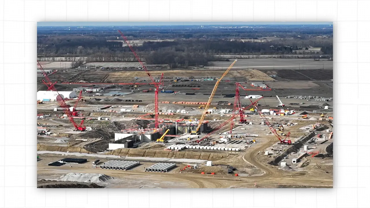 Aerial view of large construction and development site with cranes and earthworks