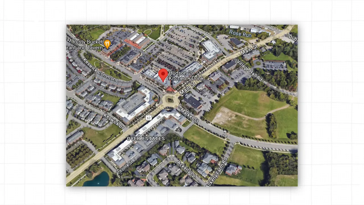 Aerial map of New Albany Ohio with Hudson 29 Kitchen + Drink marked