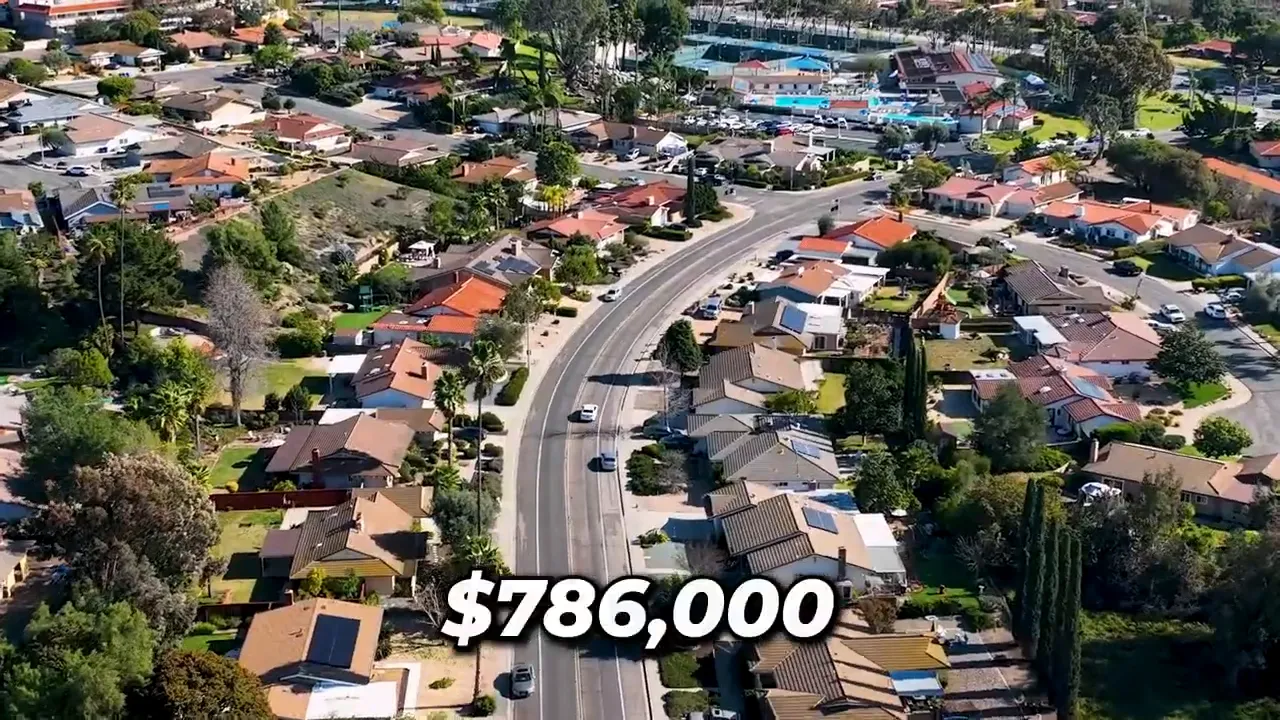 Aerial view of a residential neighborhood with 786000 dollars displayed