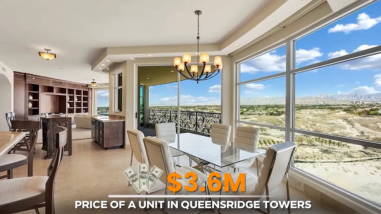 Condo dining room with wall of windows overlooking Las Vegas