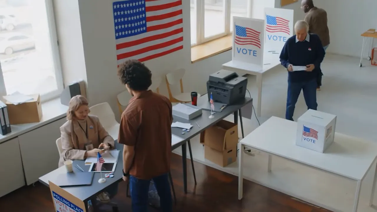 polling place interior with voters and voting booths