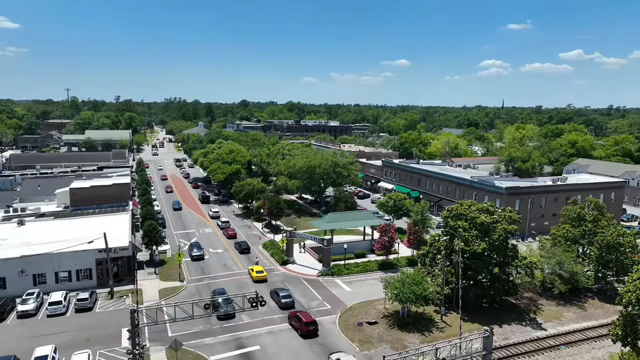 Drone view of downtown Summerville showing the main street, park entrance, surrounding shops, and nearby tree-lined neighborhoods.