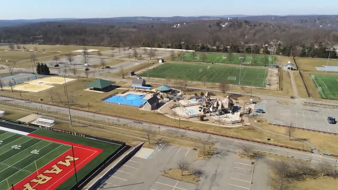 Aerial view of Turkey Brook Park in Mount Olive NJ showing multiple sports fields and recreation areas