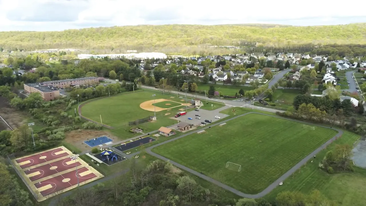 Aerial photo of Flanders Park in Mount Olive NJ with baseball fields and recreational facilities