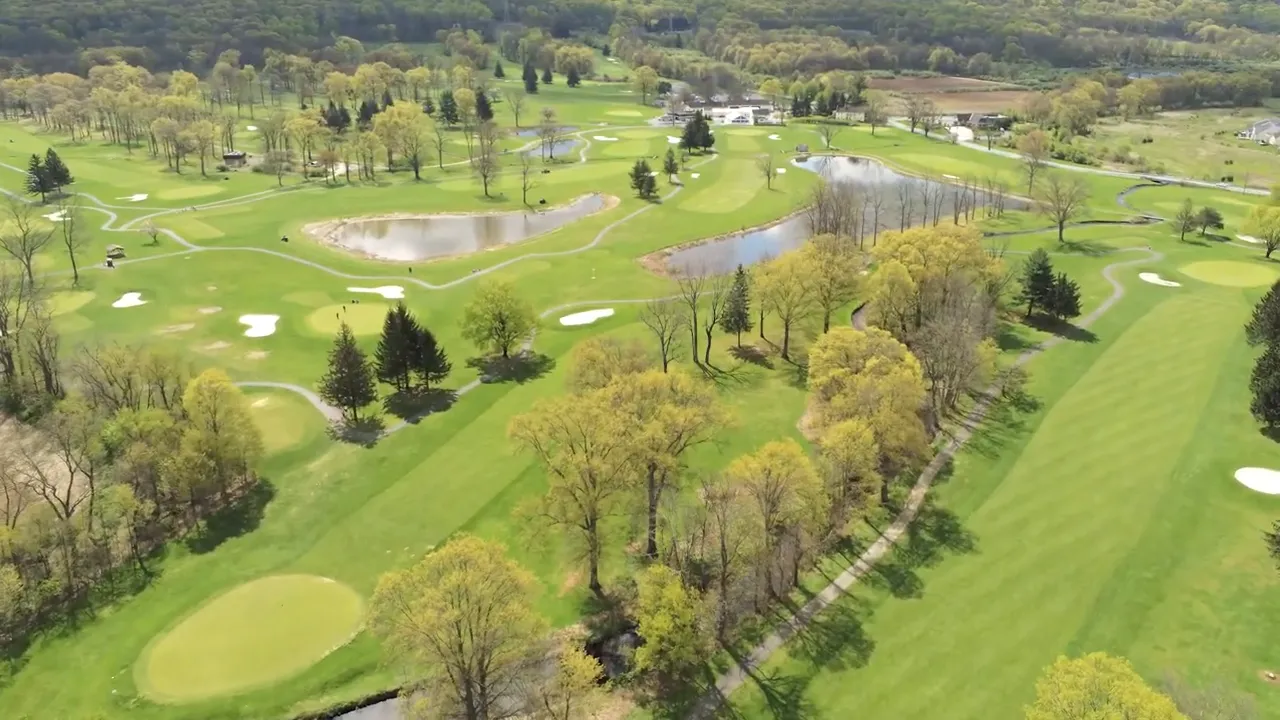 Aerial view of Flanders Valley Golf Course with ponds and fairways in Mount Olive NJ