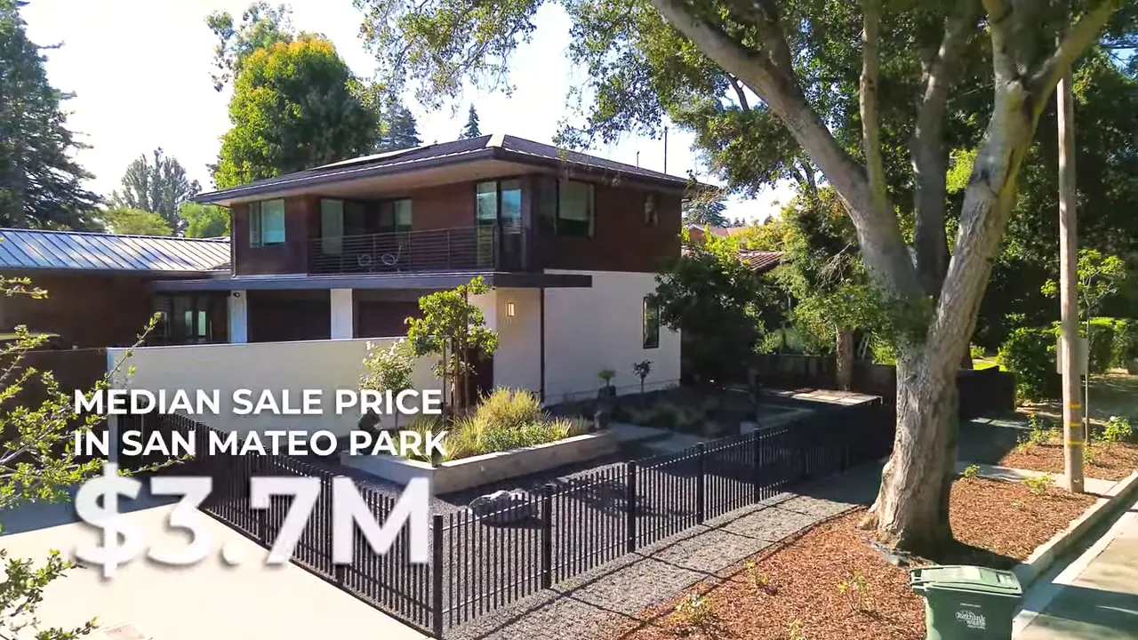 Modern home with large street tree and on-screen text reading 'Median sale price in San Mateo Park $3.7M'.