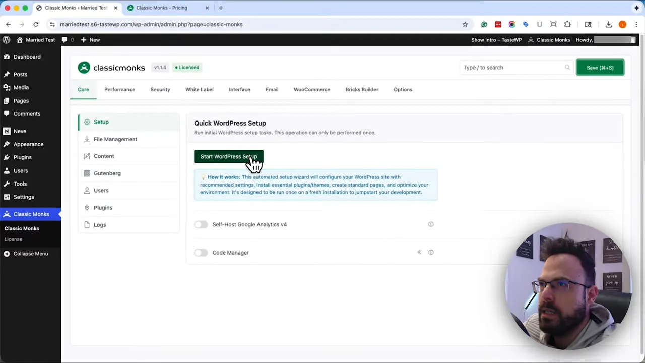 Classicmonks quick setup screen with cursor on Start WordPress Setup button