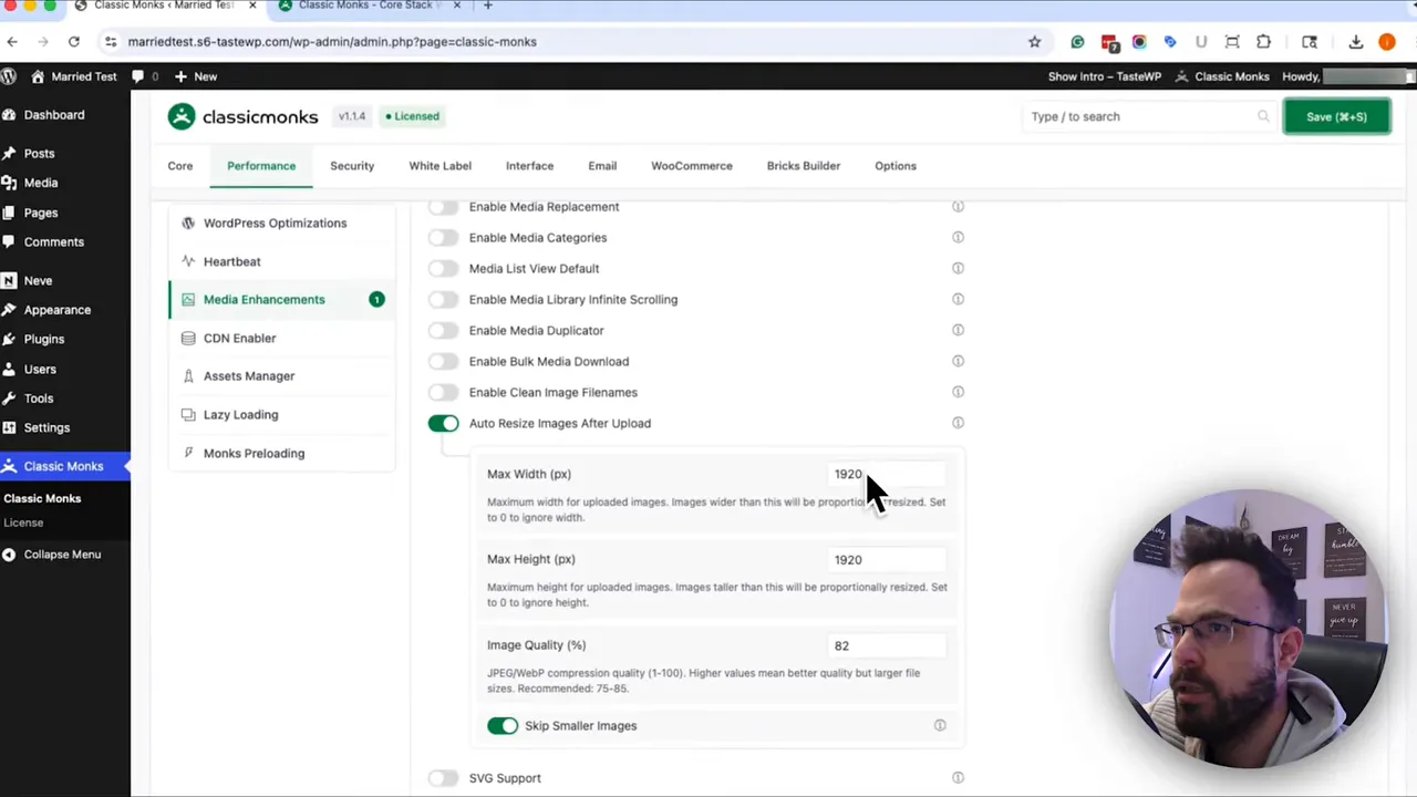 Classicmonks Auto Resize Images After Upload enabled with Max Width, Max Height and Image Quality fields visible