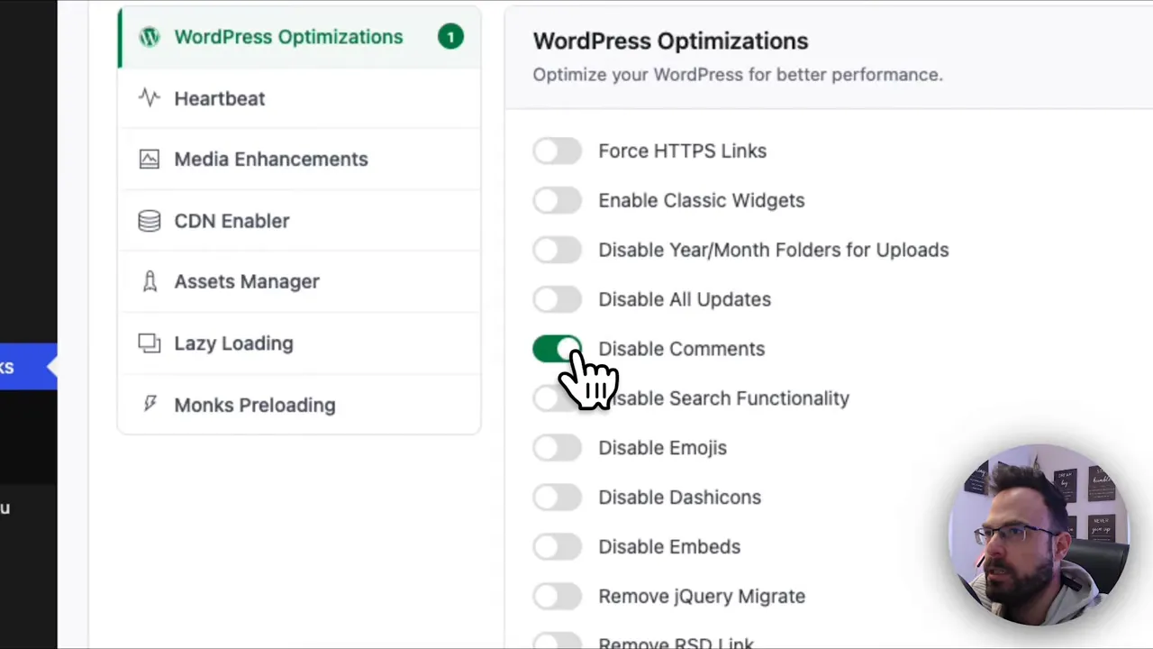 Close-up of Classicmonks performance settings with the 'Disable Comments' toggle switched on and a pointer icon.